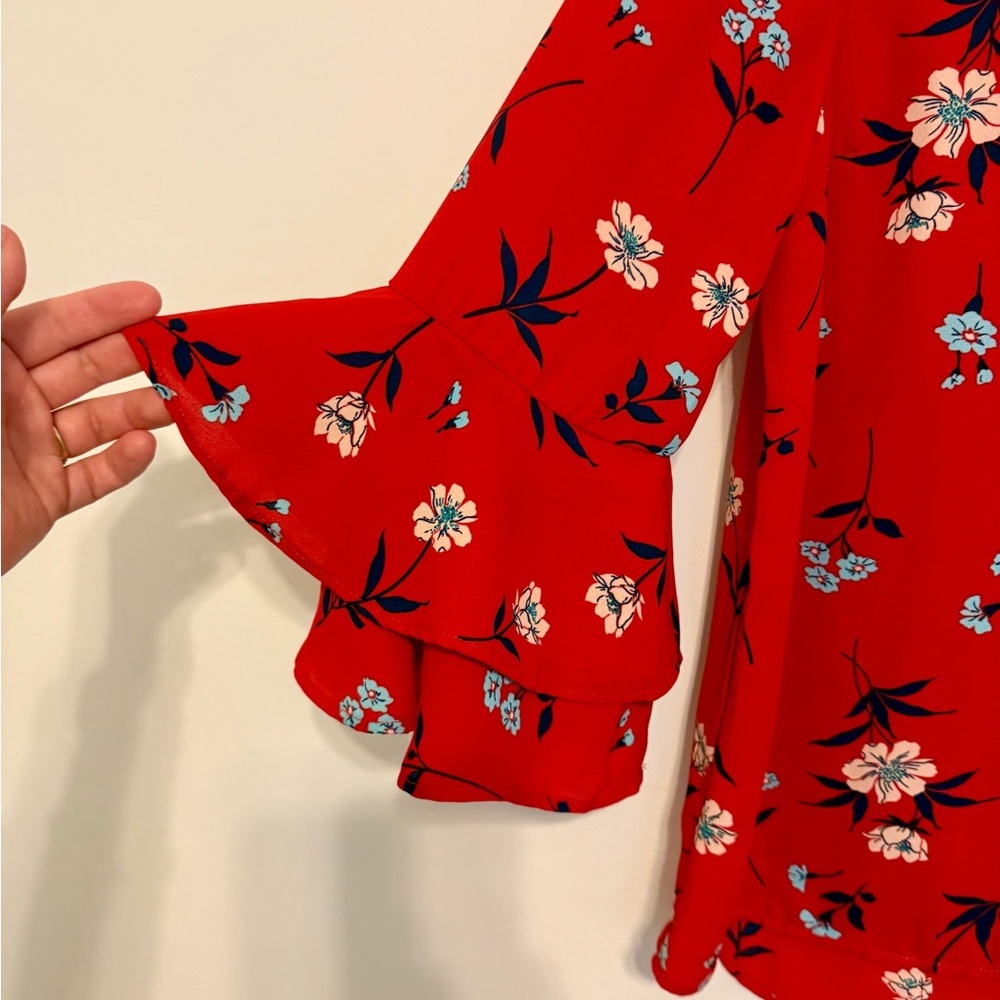 2/$15 Krazy Kat - Red Floral Blouse with 3/4 Bell Sleeves | Size S - Picture 4 of 8